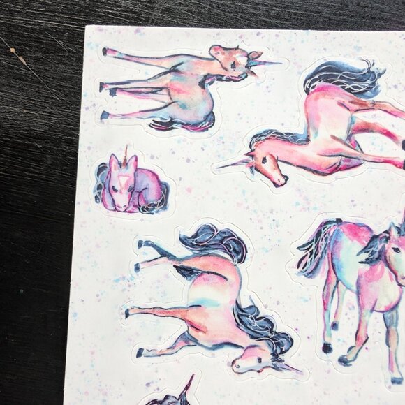 4x6 Watercolor Art Galaxy Speckled Unicorns Sticker Sheet - pink teal blue - Picture 2 of 6